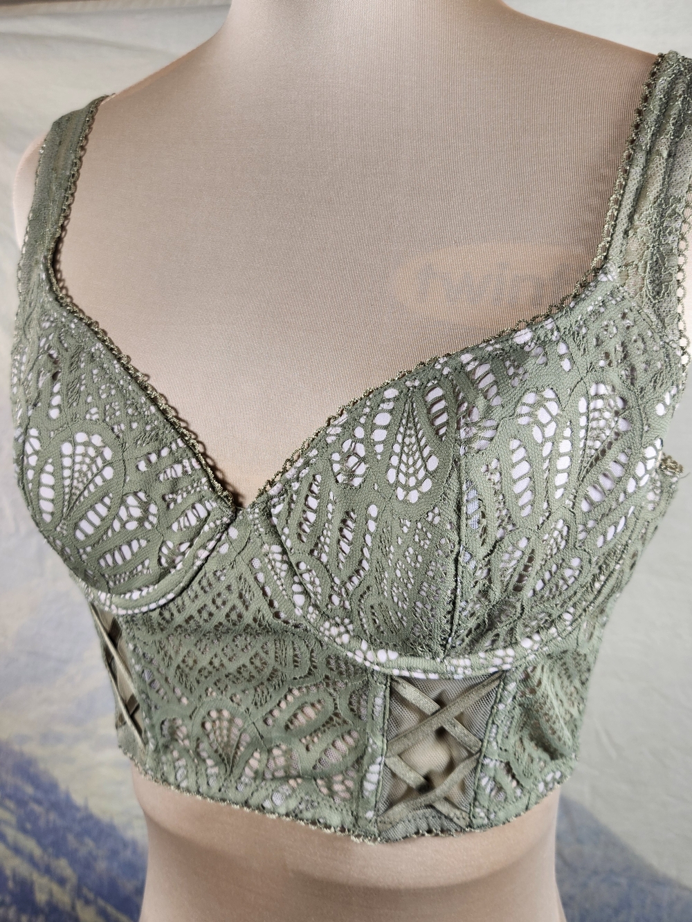 Victoria's Secret Dream Angels 34C Green Lace Longline Corset Lacing Bra
